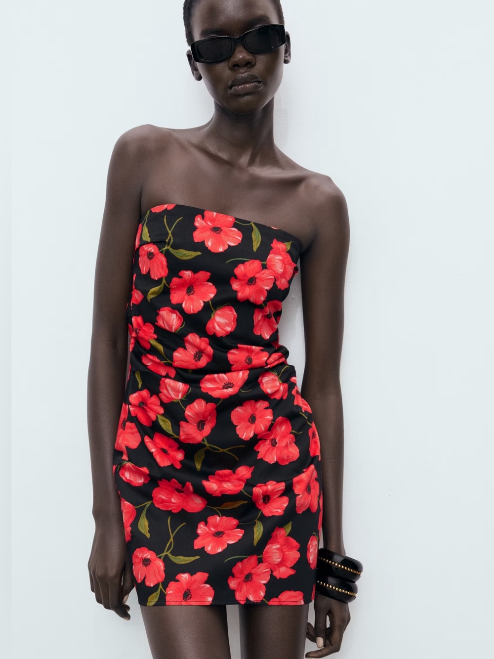 Mango Black strapless floral dress NWT